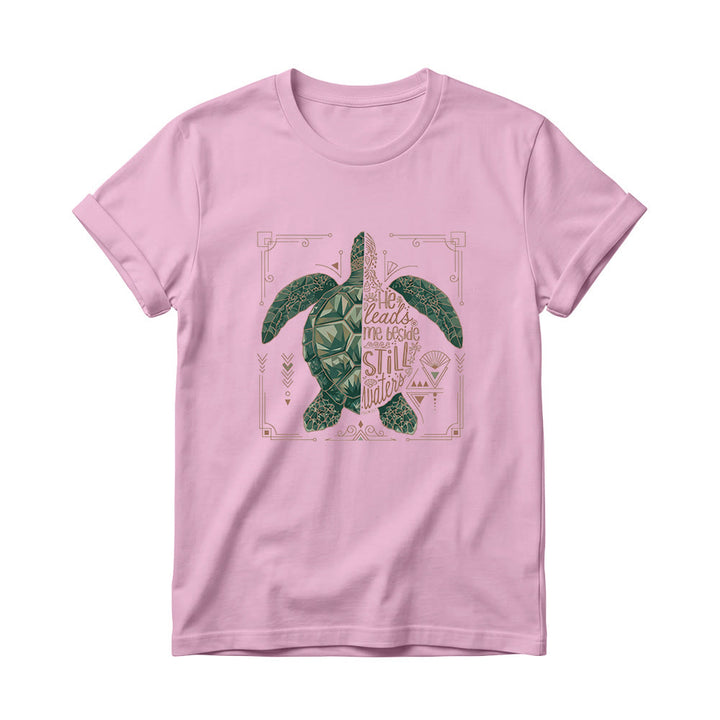 Christianartworkshop Split Geometric Sea Turtle Ornate Border Psalm Devotional Phrase Women’s Crewnecks T-shirt - Pink - 4XL - image 4