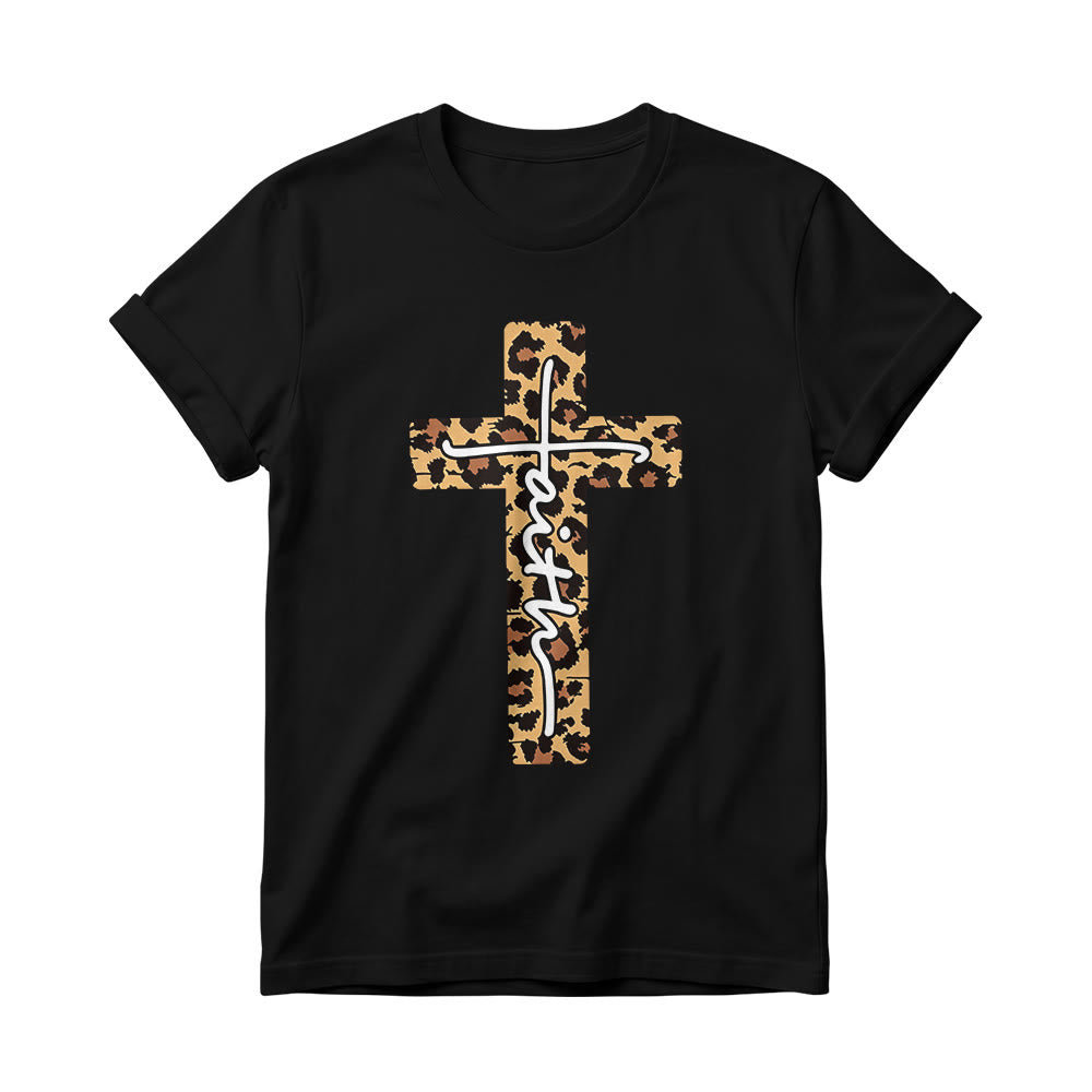 Christianartworkshop Leopard Print Cross Vertical Handwritten Faith Inside Letter Women’s Crewnecks T-shirt - Black - 4XL - image 8