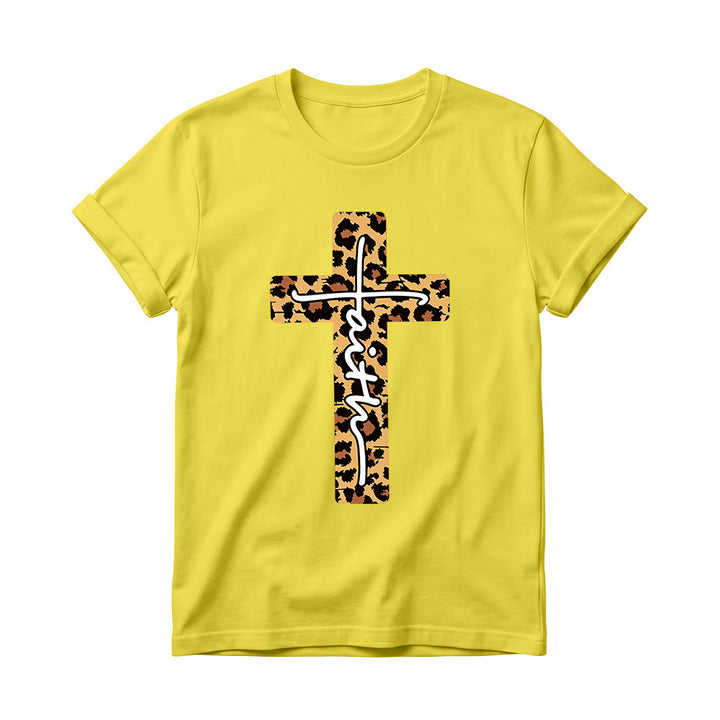 Christianartworkshop Leopard Print Cross Vertical Handwritten Faith Inside Letter Women’s Crewnecks T-shirt - Yellow - 4XL - image 0