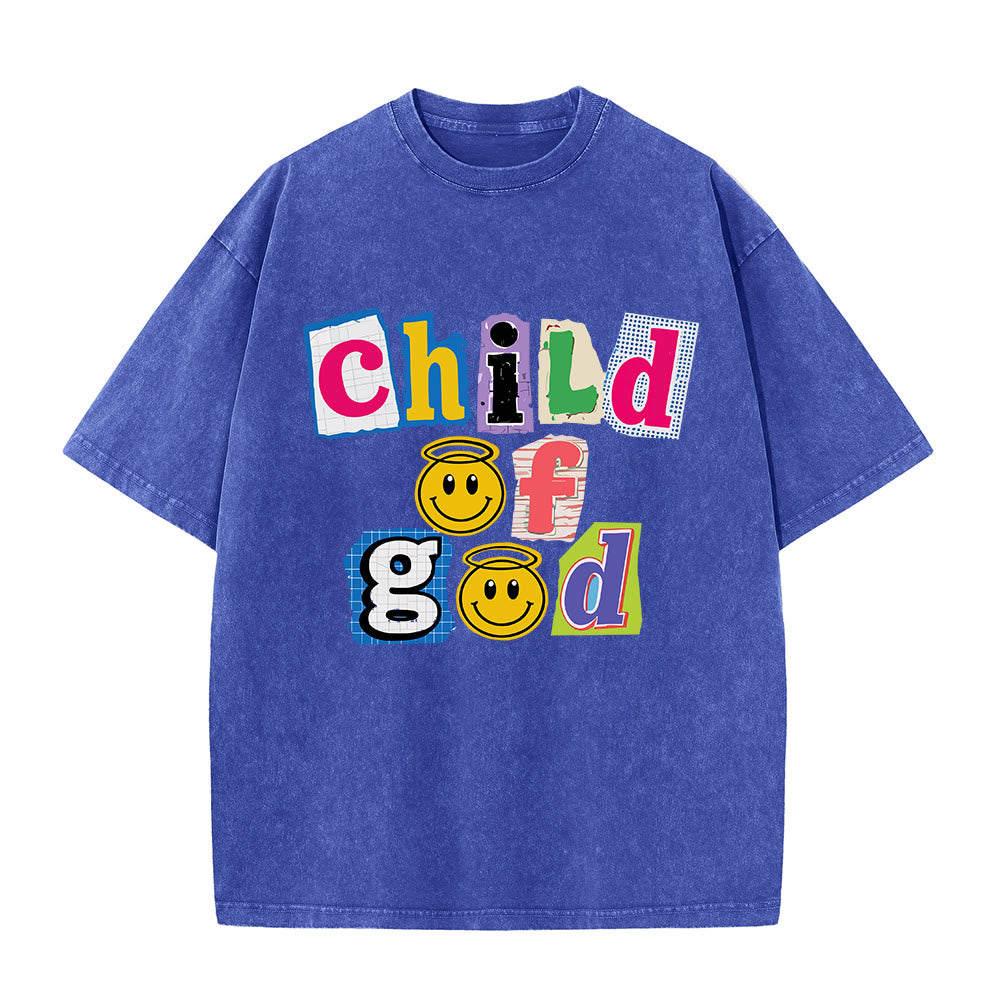 Christianartworkshop Cutout Collage Child Of God Smiley Face Inlay Front Print Washed T‑Shirt - Blue - 5XL - image 4