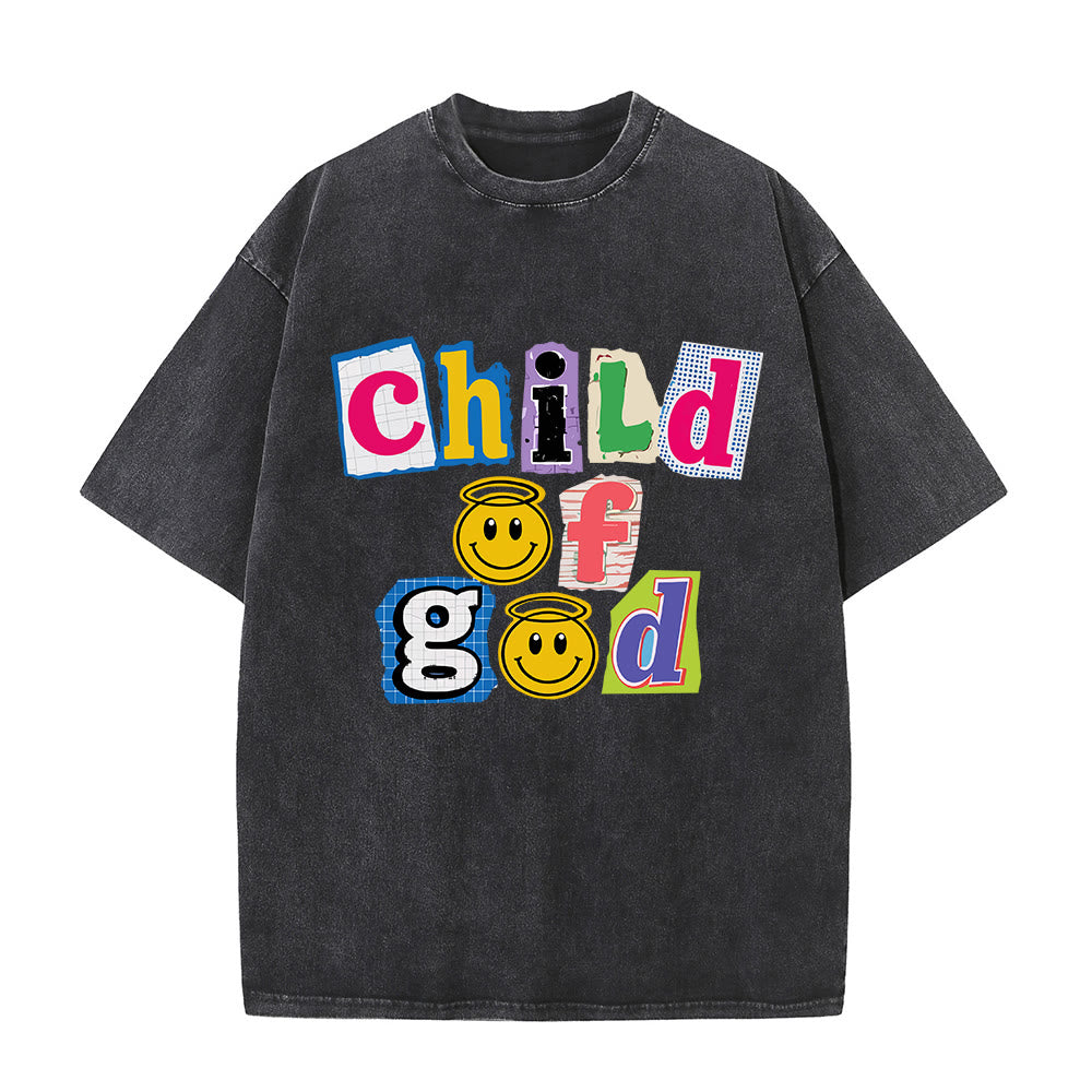 Christianartworkshop Cutout Collage Child Of God Smiley Face Inlay Front Print Washed T‑Shirt - Black - 5XL - image 0