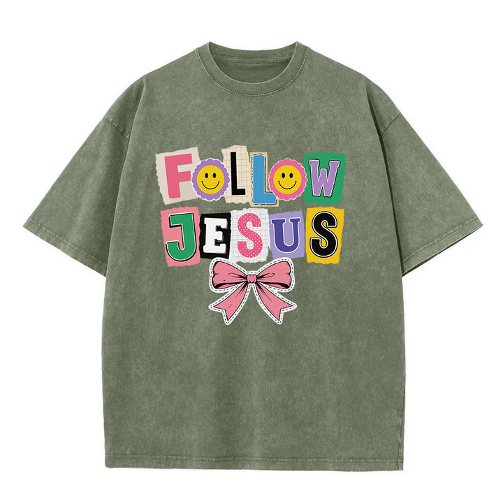 Christianartworkshop Scrapbook Letter Follow Jesus Smiley Embellishment Bow Ornament Washed T‑Shirt - Army Green - 5XL - image 8
