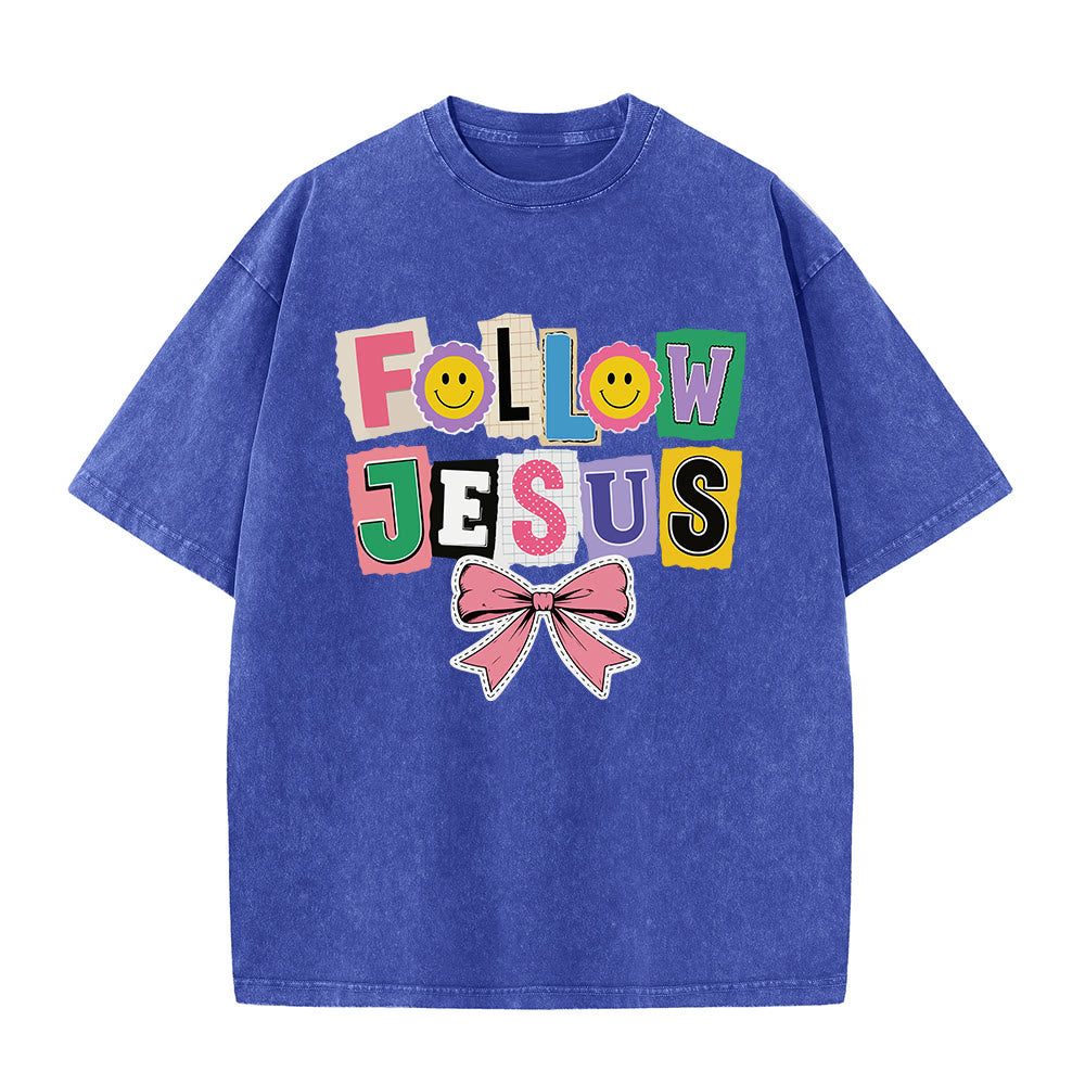 Christianartworkshop Scrapbook Letter Follow Jesus Smiley Embellishment Bow Ornament Washed T‑Shirt - Blue - 5XL - image 5