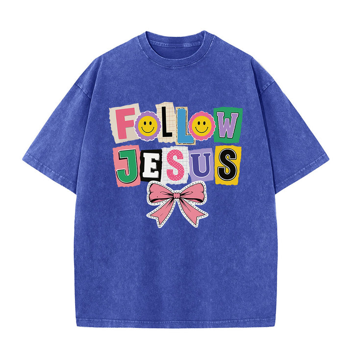 Christianartworkshop Scrapbook Letter Follow Jesus Smiley Embellishment Bow Ornament Washed T‑Shirt - Blue - 5XL - image 5
