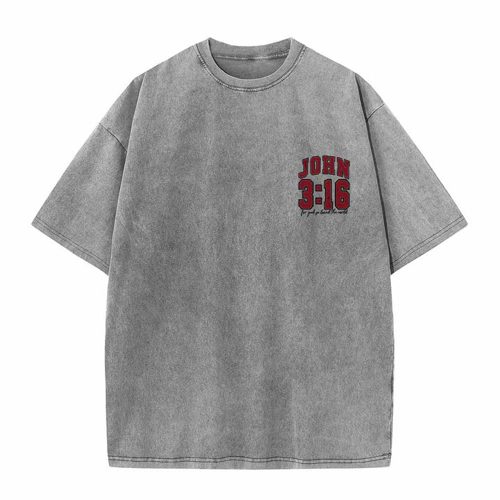 Christianartworkshop Left Chest John 3:16 Varsity Font Back For God So Loved The World Washed T‑Shirt - image 1