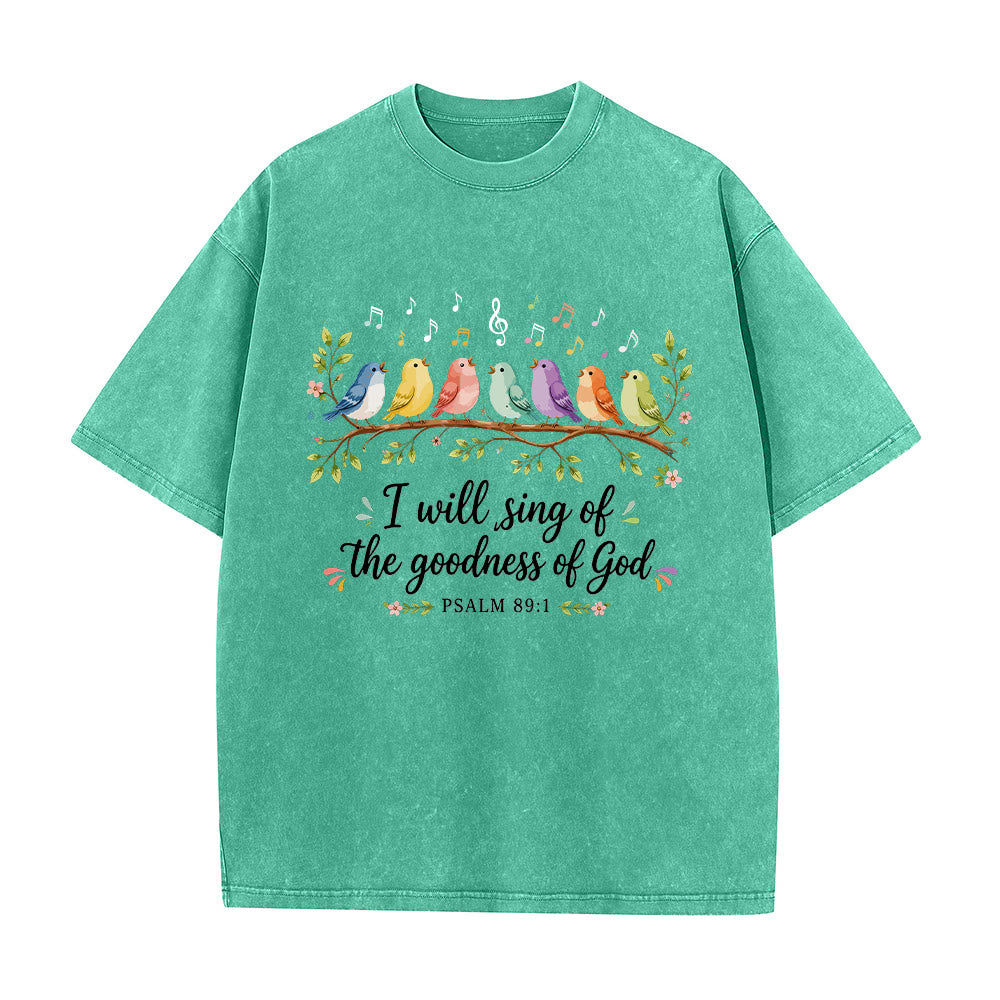 Christianartworkshop Branch Perched Songbirds Musical Note Floral Psalm 89:1 Worship Washed T‑Shirt - Green - 5XL - image 2