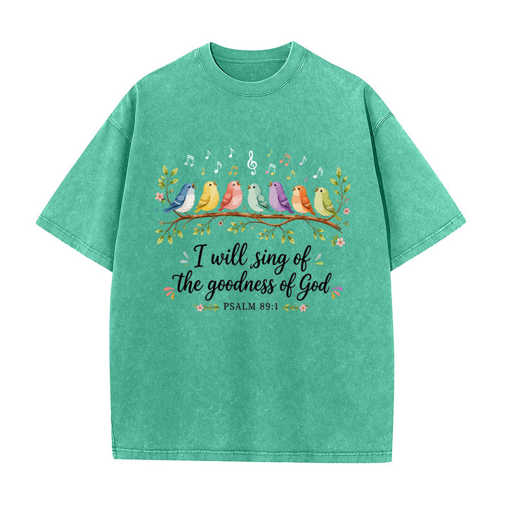 Christianartworkshop Branch Perched Songbirds Musical Note Floral Psalm 89:1 Worship Washed T‑Shirt - Green - 5XL - image 2
