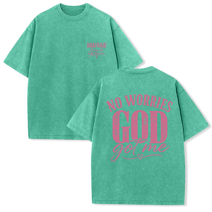 Christianartworkshop Left Chest Unafraid Cross Accent Back No Worries God Got Me Heart Detail Washed T‑Shirt - Green - 5XL - image 9