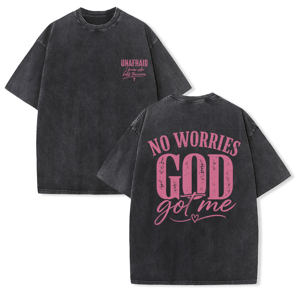 Christianartworkshop Left Chest Unafraid Cross Accent Back No Worries God Got Me Heart Detail Washed T‑Shirt - Black - 5XL - image 12