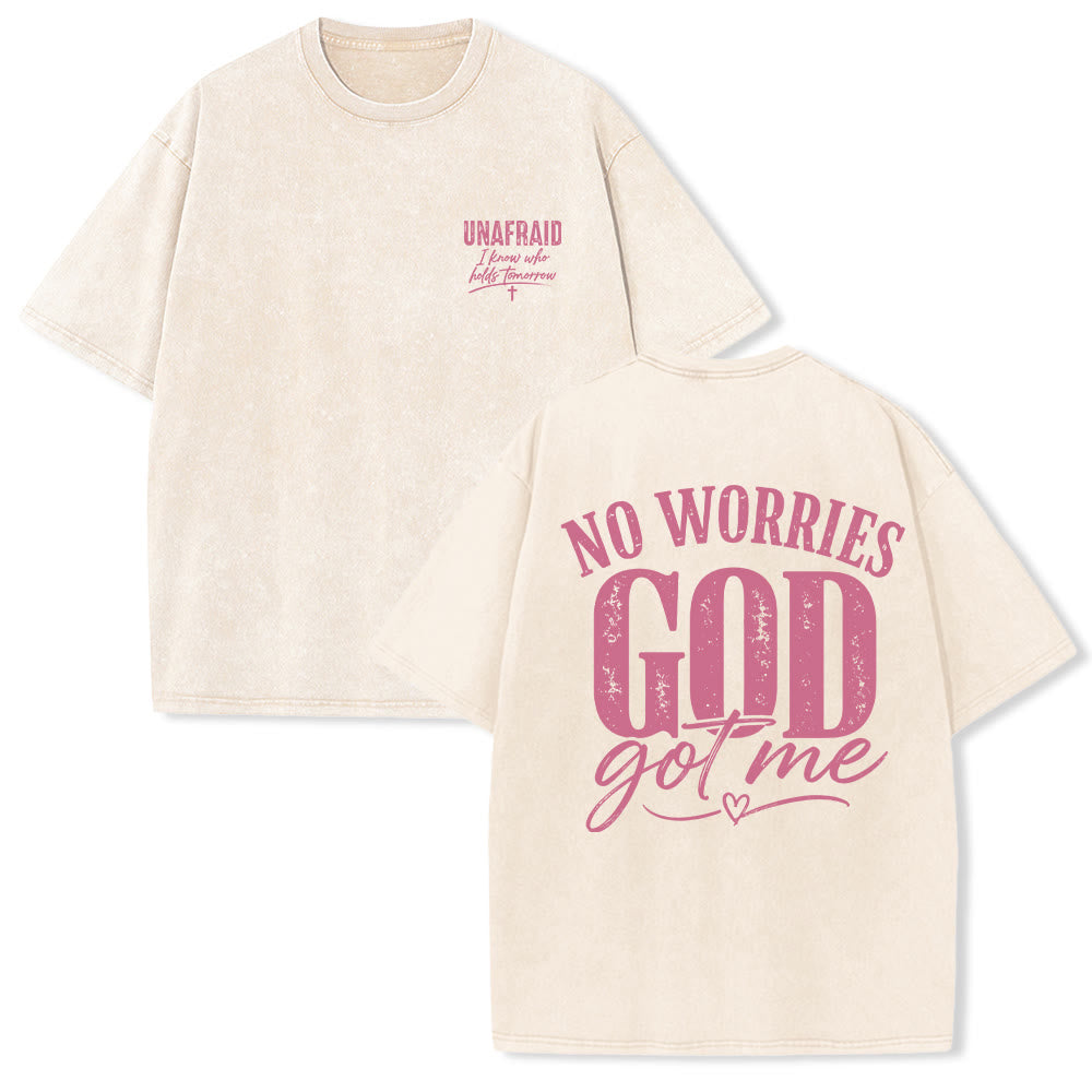 Christianartworkshop Left Chest Unafraid Cross Accent Back No Worries God Got Me Heart Detail Washed T‑Shirt - Beige - 5XL - image 15