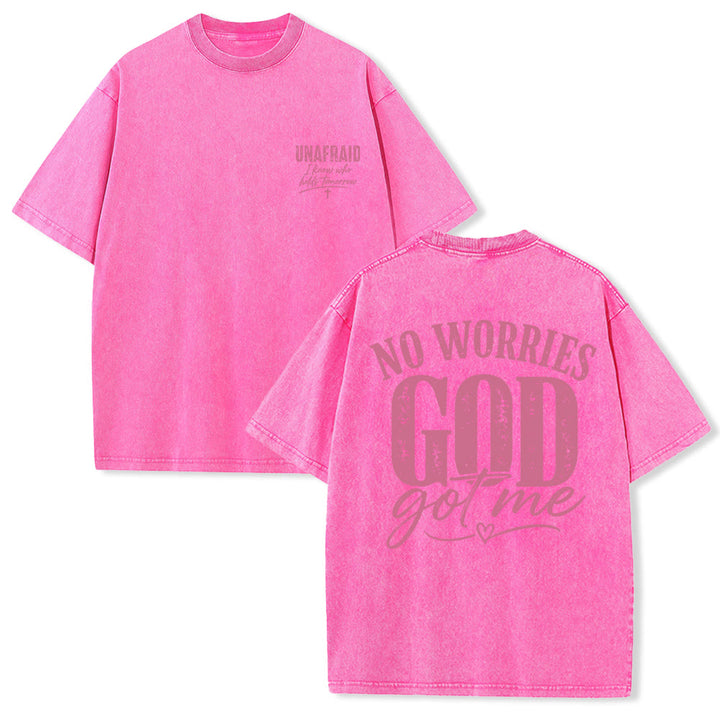 Christianartworkshop Left Chest Unafraid Cross Accent Back No Worries God Got Me Heart Detail Washed T‑Shirt - Pink - 5XL - image 21