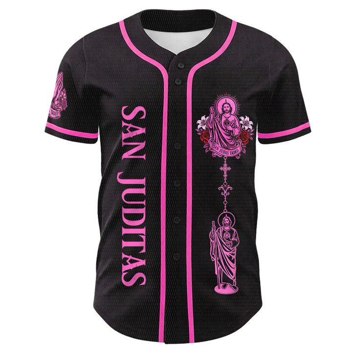 Christianartworkshop Front Vertical San Juditas Rosary Saint Graphic Back Lily Dove Saint Portrait Button-Up Baseball Jersey - image 4