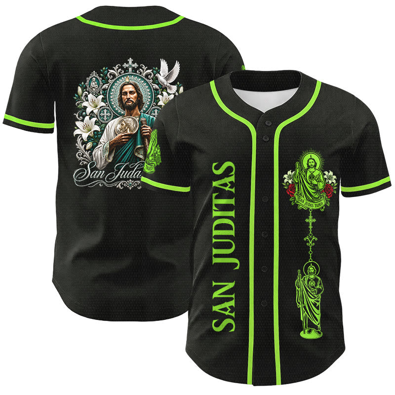 Christianartworkshop Front Vertical San Juditas Rosary Saint Graphic Back Lily Dove Saint Portrait Button-Up Baseball Jersey - Black - Green - 5XL - image 0