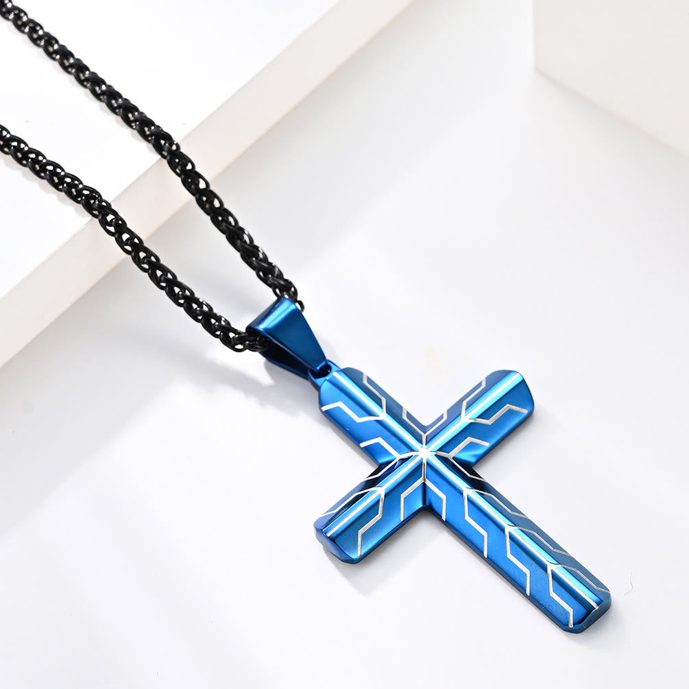 Christianartworkshop Gloss Golden & Blue Lightning Pattern Engraved Cross Pendant Necklace: Timeless Emblem of Gentle Heavenly Guardianship - image 10