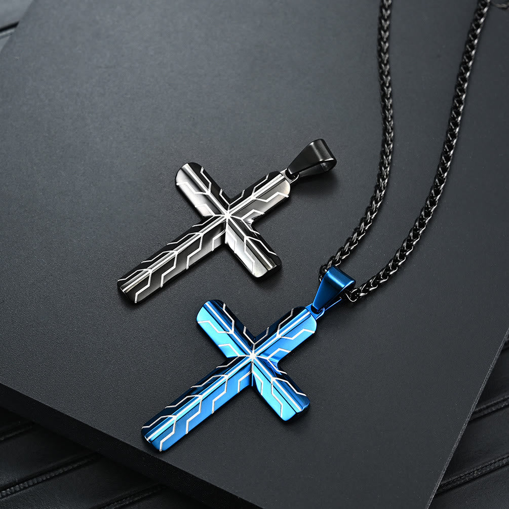 Christianartworkshop Gloss Blue Lightning Pattern Engraved Cross Pendant Necklace: Timeless Emblem of Gentle Heavenly Guardianship - image 1
