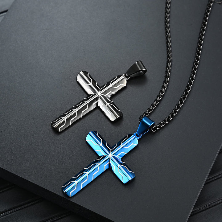 Christianartworkshop Gloss Blue Lightning Pattern Engraved Cross Pendant Necklace: Timeless Emblem of Gentle Heavenly Guardianship - image 1