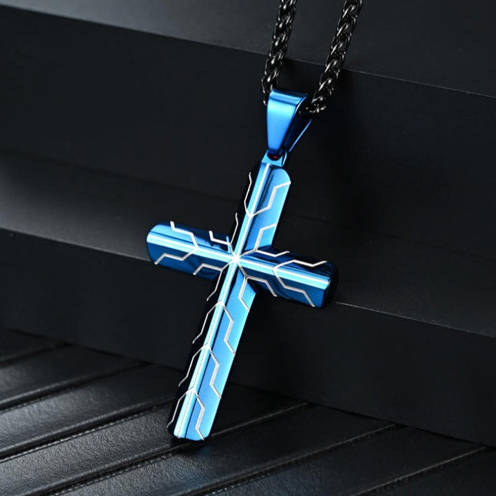 Christianartworkshop Gloss Blue Lightning Pattern Engraved Cross Pendant Necklace: Timeless Emblem of Gentle Heavenly Guardianship - Blue - image 0