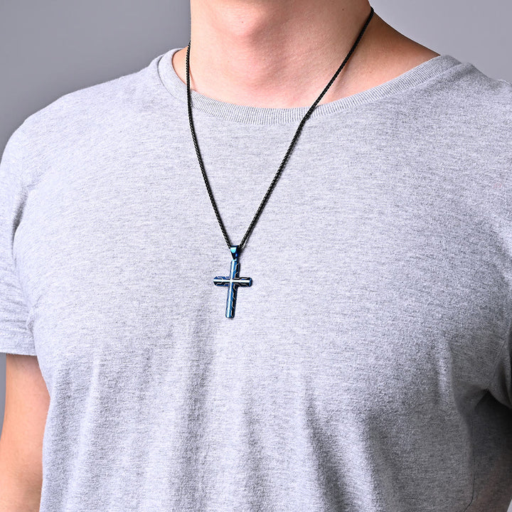 Christianartworkshop Gloss Blue Lightning Pattern Engraved Cross Pendant Necklace: Timeless Emblem of Gentle Heavenly Guardianship - image 5
