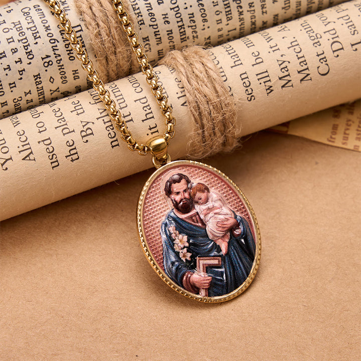 Christianartworkshop St. Joseph Oval Holy Image Pendant Necklace: Timeless Emblem of Gentle Heavenly Guardianship - Golden - image 0