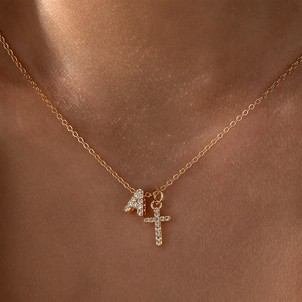 Christianartworkshop Custom Initial Letter A-Z Rhinestone Accent Cross Dual Charm Pendant Necklace: Timeless Emblem of Gentle Heavenly Guardianship - A - image 2