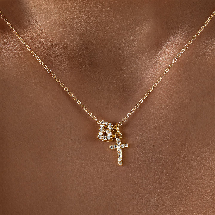 Christianartworkshop Custom Initial Letter A-Z Rhinestone Accent Cross Dual Charm Pendant Necklace: Timeless Emblem of Gentle Heavenly Guardianship - B - image 3