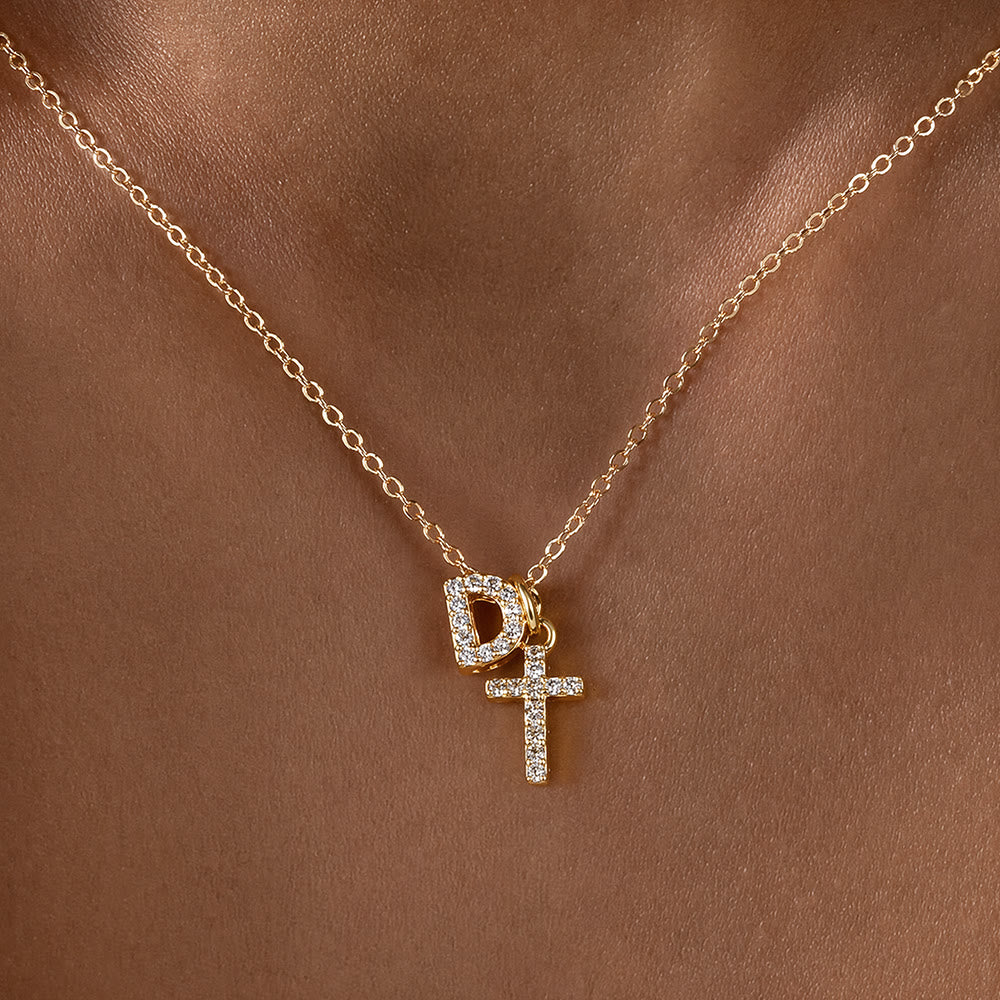 Christianartworkshop Custom Initial Letter A-Z Rhinestone Accent Cross Dual Charm Pendant Necklace: Timeless Emblem of Gentle Heavenly Guardianship - D - image 5