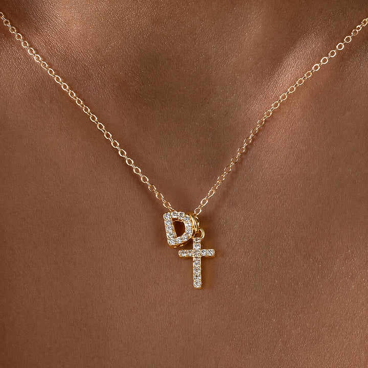 Christianartworkshop Custom Initial Letter A-Z Rhinestone Accent Cross Dual Charm Pendant Necklace: Timeless Emblem of Gentle Heavenly Guardianship - D - image 5