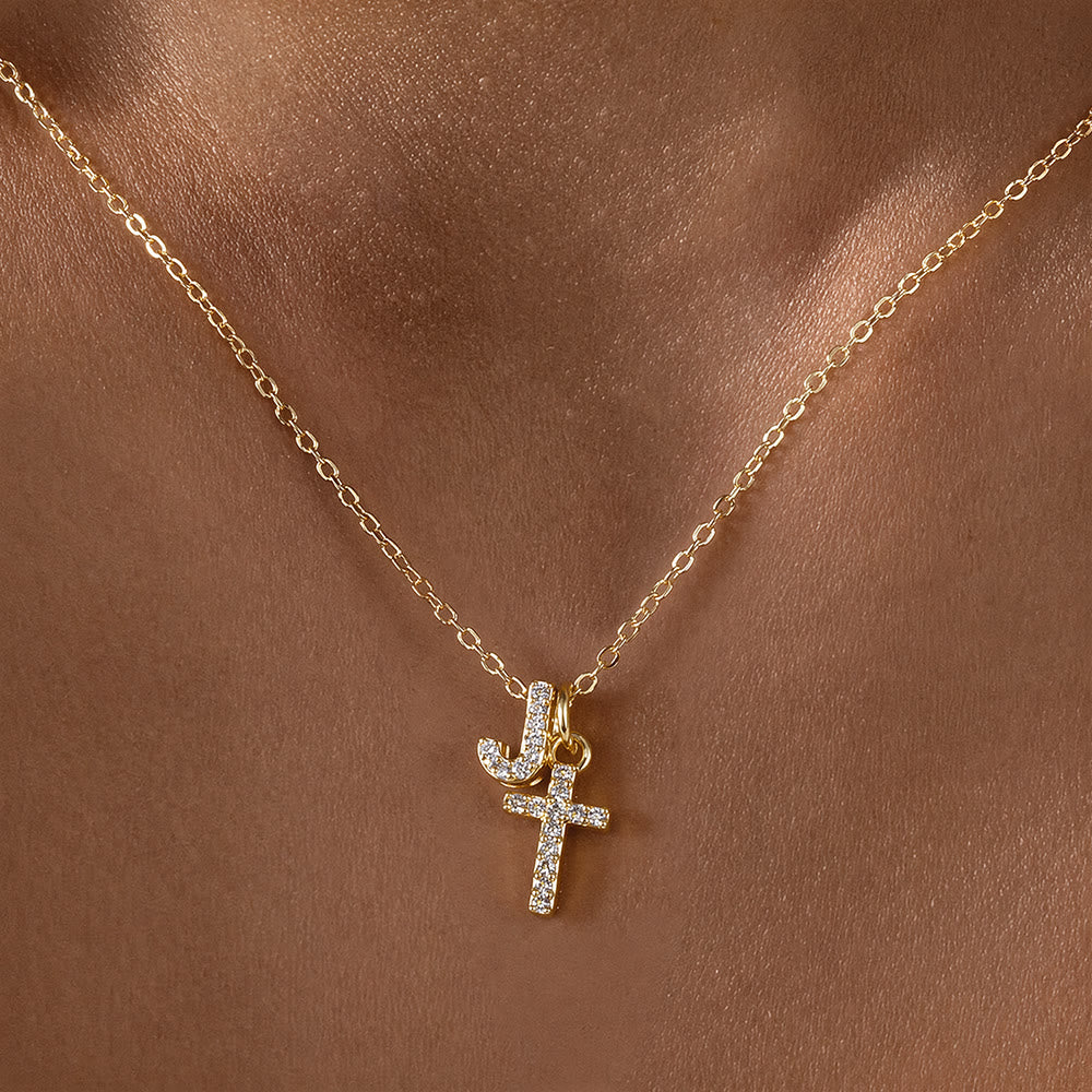 Christianartworkshop Custom Initial Letter A-Z Rhinestone Accent Cross Dual Charm Pendant Necklace: Timeless Emblem of Gentle Heavenly Guardianship - J - image 11