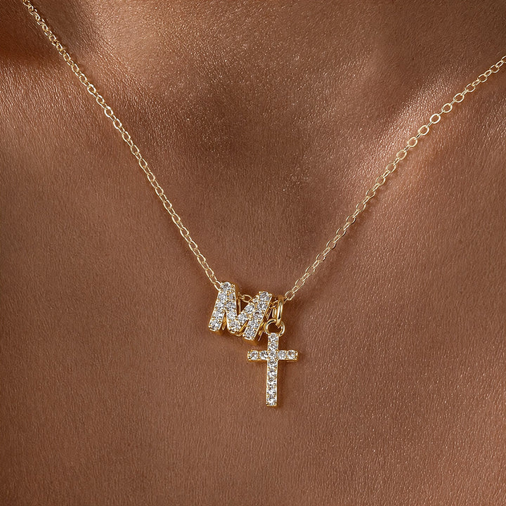 Christianartworkshop Custom Initial Letter A-Z Rhinestone Accent Cross Dual Charm Pendant Necklace: Timeless Emblem of Gentle Heavenly Guardianship - M - image 14