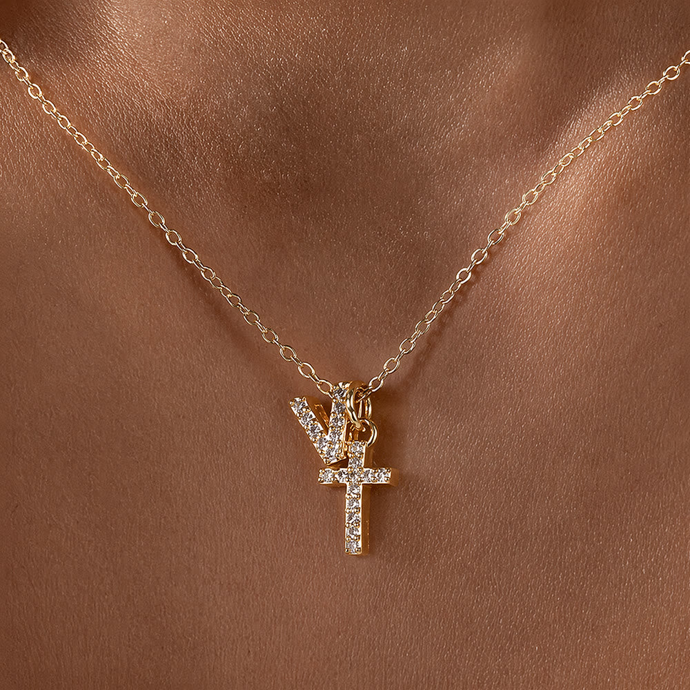 Christianartworkshop Custom Initial Letter A-Z Rhinestone Accent Cross Dual Charm Pendant Necklace: Timeless Emblem of Gentle Heavenly Guardianship - V - image 23