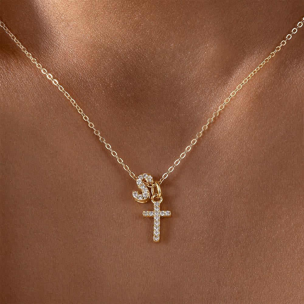 Christianartworkshop Custom Initial Letter A-Z Rhinestone Accent Cross Dual Charm Pendant Necklace: Timeless Emblem of Gentle Heavenly Guardianship - S - image 20