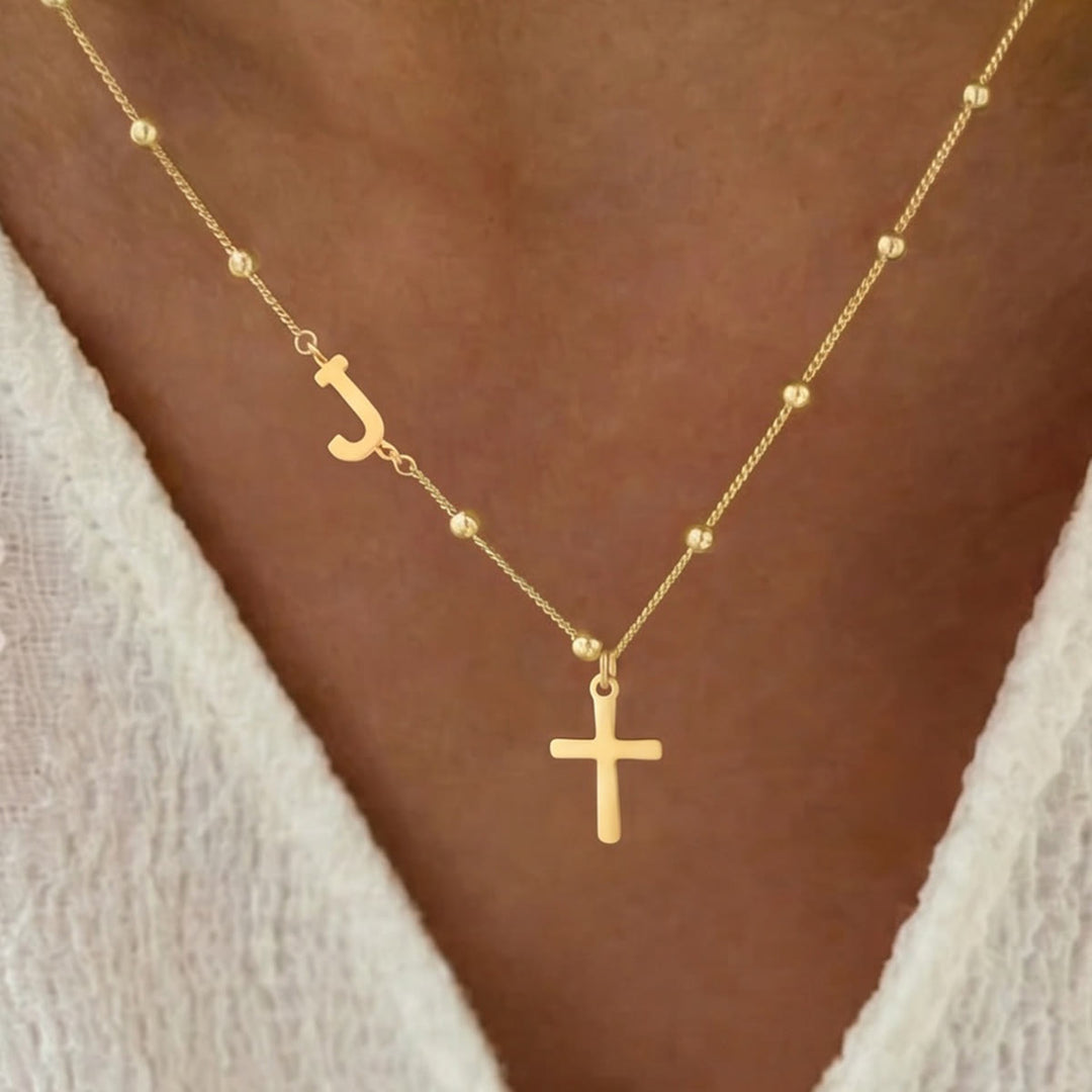 Christianartworkshop Beaded Chain Custom A-Z Initial Letter Side Charm Cross Pendant Necklace: Timeless Emblem of Gentle Heavenly Guardianship - Golden - J - image 10