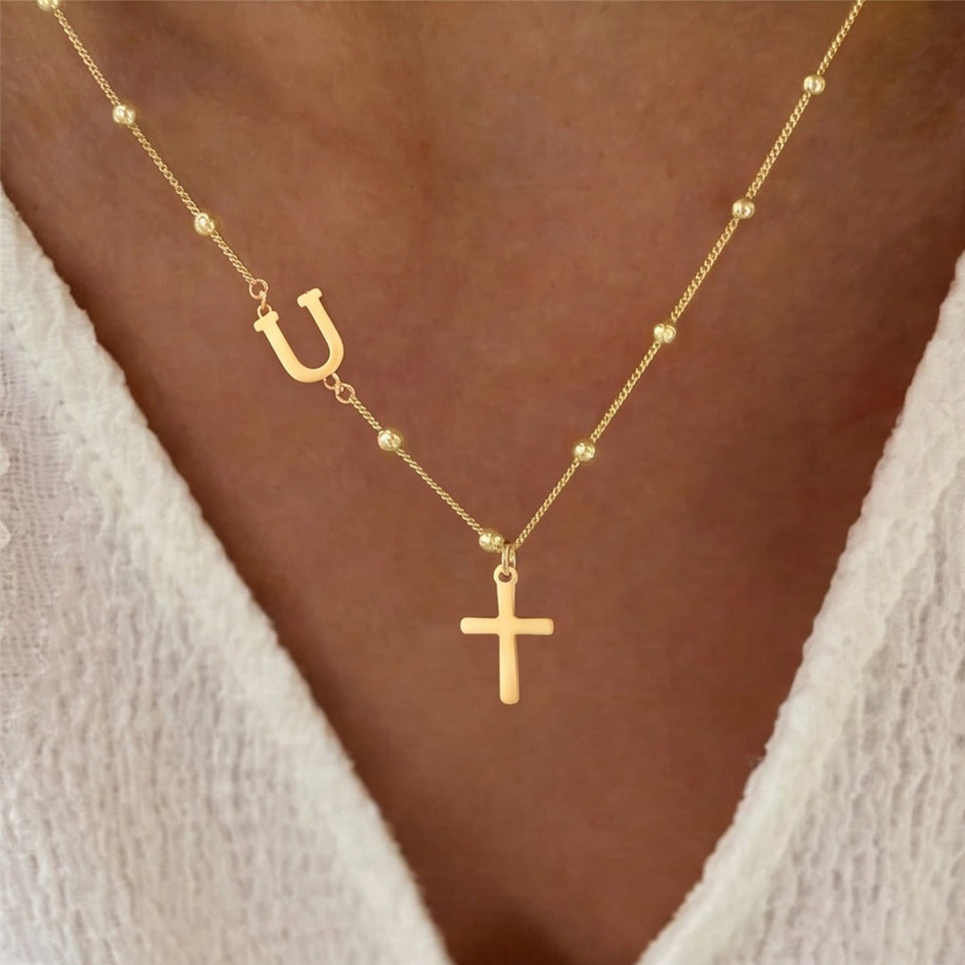 Christianartworkshop Beaded Chain Custom A-Z Initial Letter Side Charm Cross Pendant Necklace: Timeless Emblem of Gentle Heavenly Guardianship - Golden - U - image 20