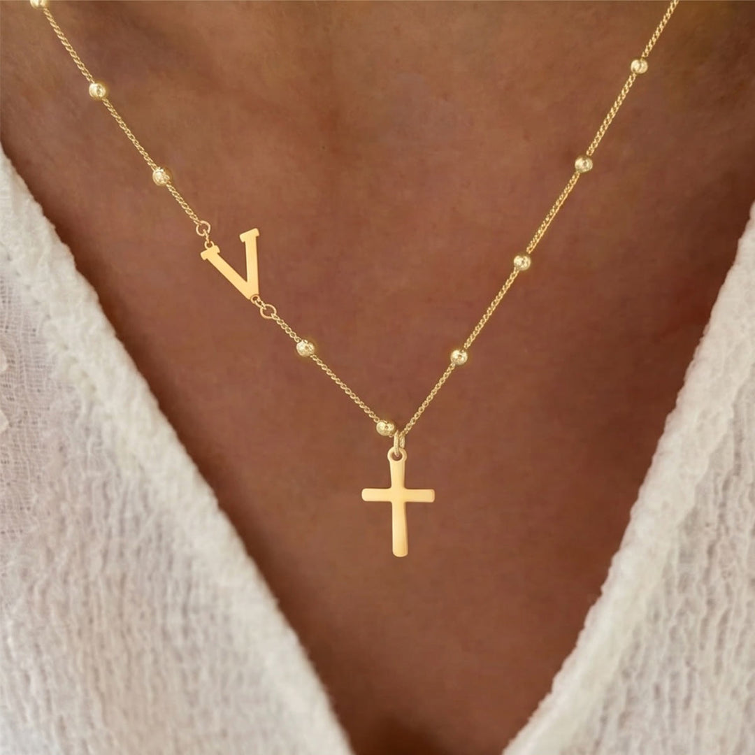 Christianartworkshop Beaded Chain Custom A-Z Initial Letter Side Charm Cross Pendant Necklace: Timeless Emblem of Gentle Heavenly Guardianship - Golden - V - image 21