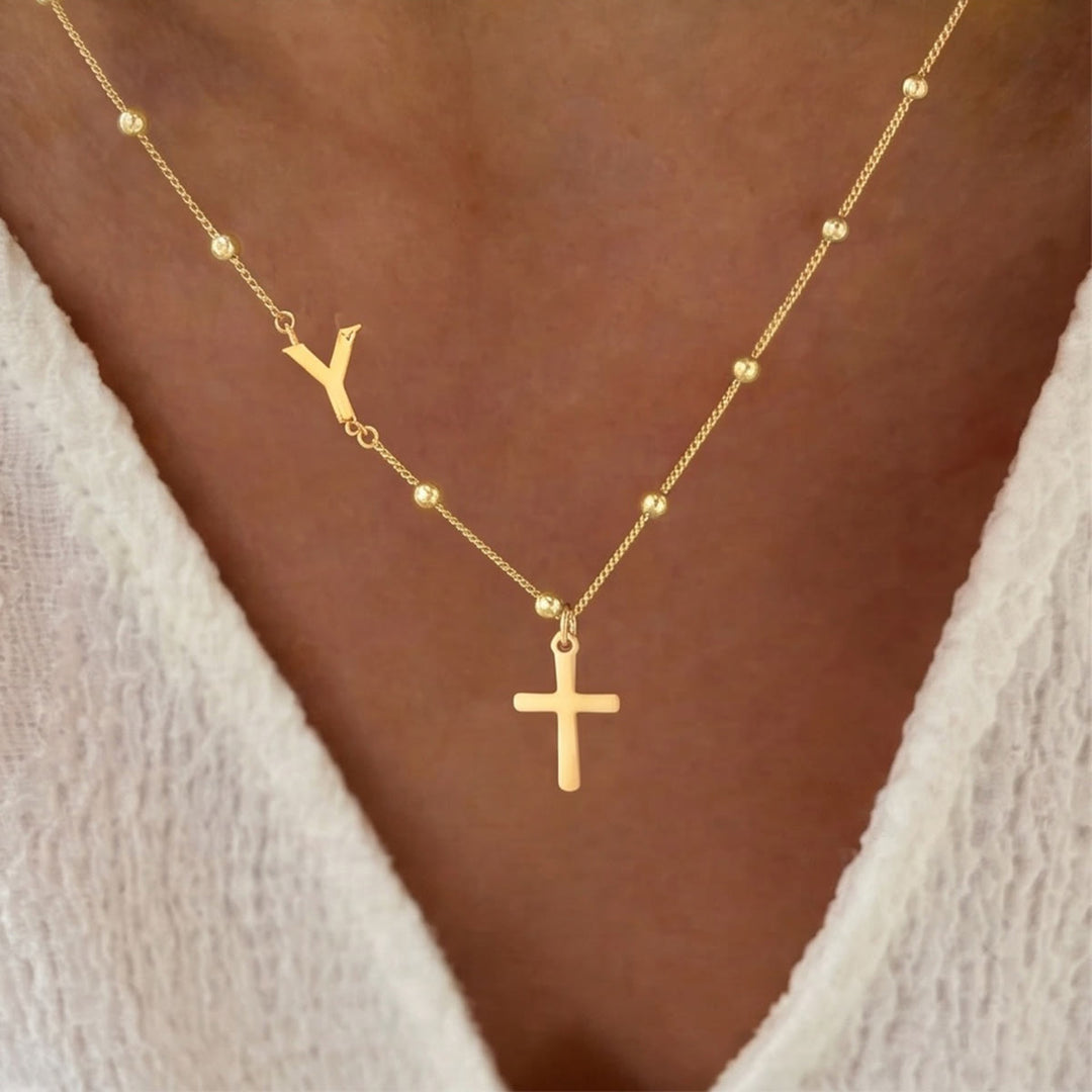 Christianartworkshop Beaded Chain Custom A-Z Initial Letter Side Charm Cross Pendant Necklace: Timeless Emblem of Gentle Heavenly Guardianship - Golden - Y - image 24
