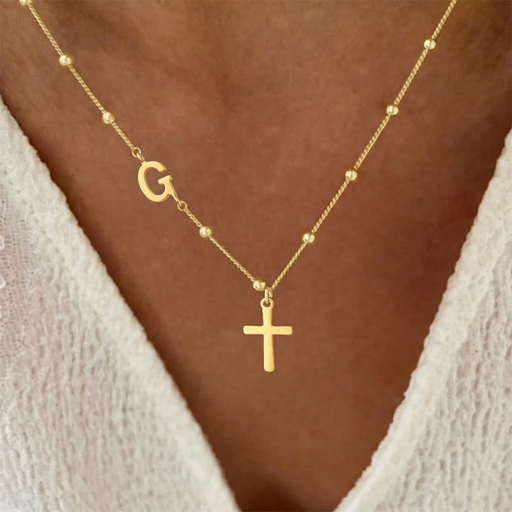 Christianartworkshop Beaded Chain Custom A-Z Initial Letter Side Charm Cross Pendant Necklace: Timeless Emblem of Gentle Heavenly Guardianship - Golden - G - image 7