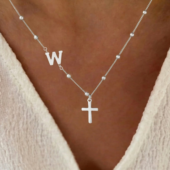 Christianartworkshop Beaded Chain Custom A-Z Initial Letter Side Charm Cross Pendant Necklace: Timeless Emblem of Gentle Heavenly Guardianship - Silver - W - image 48