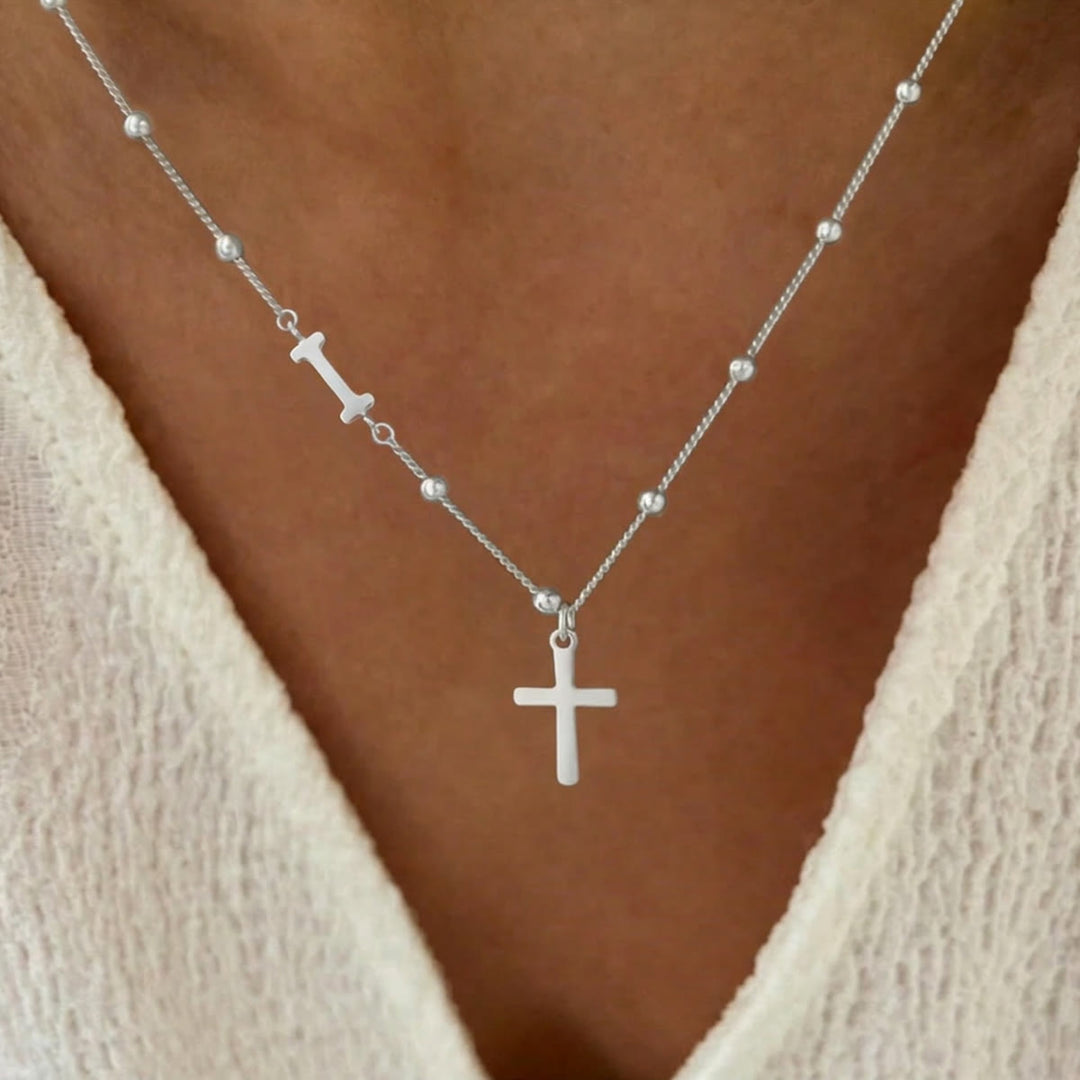Christianartworkshop Beaded Chain Custom A-Z Initial Letter Side Charm Cross Pendant Necklace: Timeless Emblem of Gentle Heavenly Guardianship - Silver - I - image 35