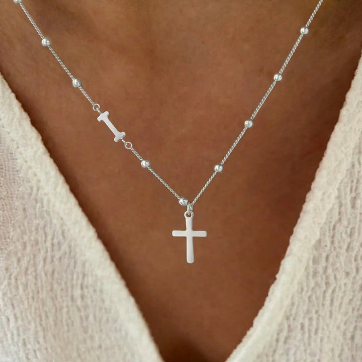 Christianartworkshop Beaded Chain Custom A-Z Initial Letter Side Charm Cross Pendant Necklace: Timeless Emblem of Gentle Heavenly Guardianship - Silver - I - image 35