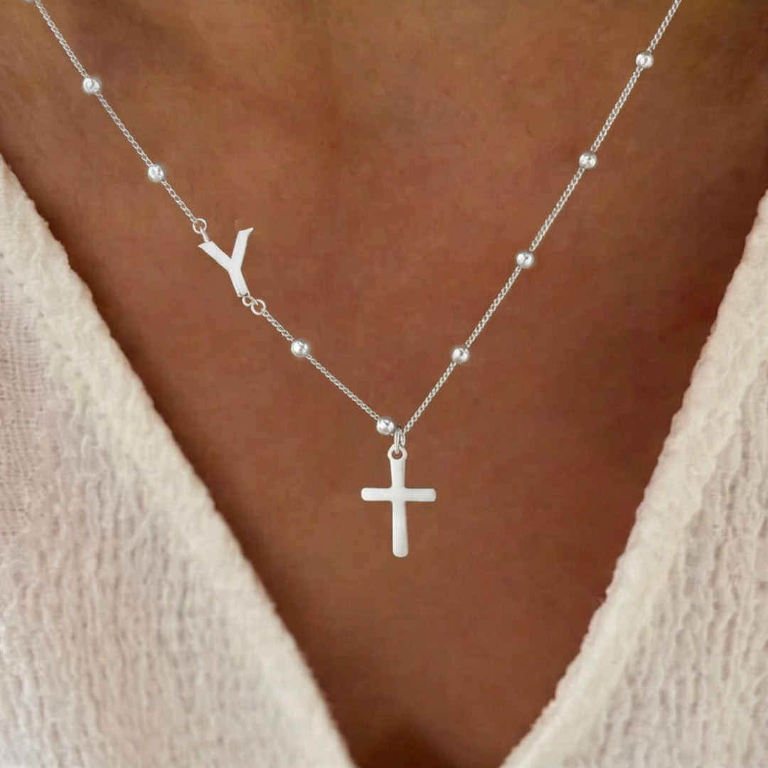 Christianartworkshop Beaded Chain Custom A-Z Initial Letter Side Charm Cross Pendant Necklace: Timeless Emblem of Gentle Heavenly Guardianship - Silver - Y - image 50