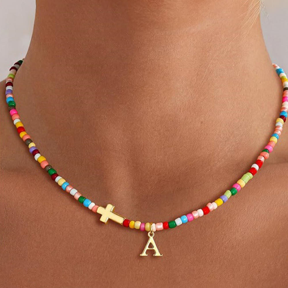 Christianartworkshop Personalized Alphabet Letter Cross Ornament Vibrant Bead Choker Necklace: Timeless Emblem of Gentle Heavenly Guardianship - A - image 0