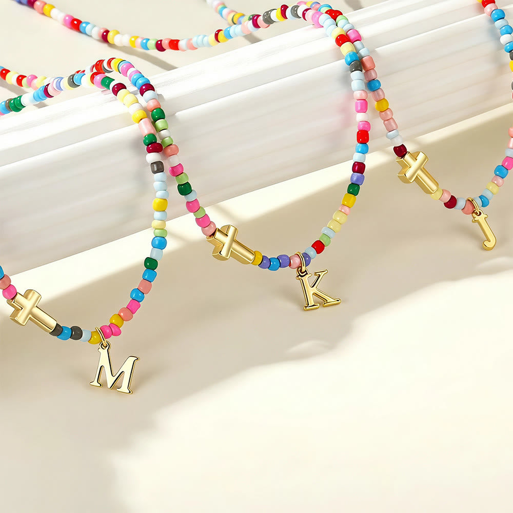 Christianartworkshop Personalized Alphabet Letter Cross Ornament Vibrant Bead Choker Necklace: Timeless Emblem of Gentle Heavenly Guardianship - image 1