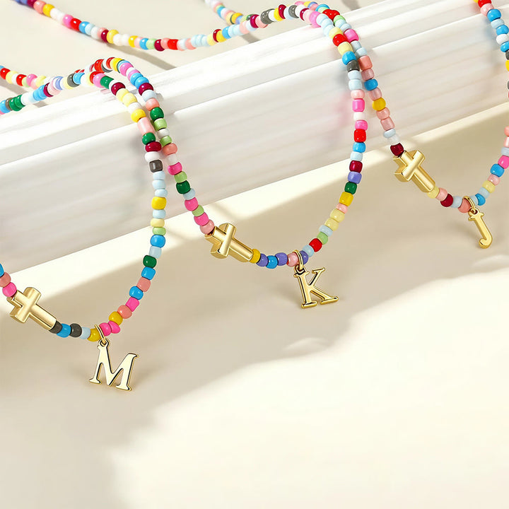 Christianartworkshop Personalized Alphabet Letter Cross Ornament Vibrant Bead Choker Necklace: Timeless Emblem of Gentle Heavenly Guardianship - image 1