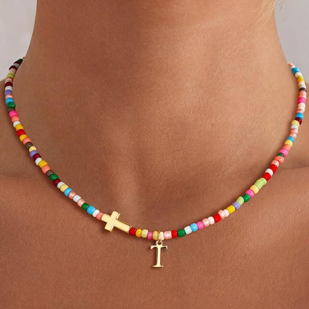 Christianartworkshop Personalized Alphabet Letter Cross Ornament Vibrant Bead Choker Necklace: Timeless Emblem of Gentle Heavenly Guardianship - T - image 17