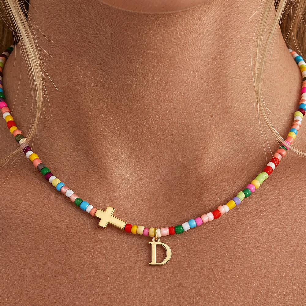 Christianartworkshop Personalized Alphabet Letter Cross Ornament Vibrant Bead Choker Necklace: Timeless Emblem of Gentle Heavenly Guardianship - D - image 6
