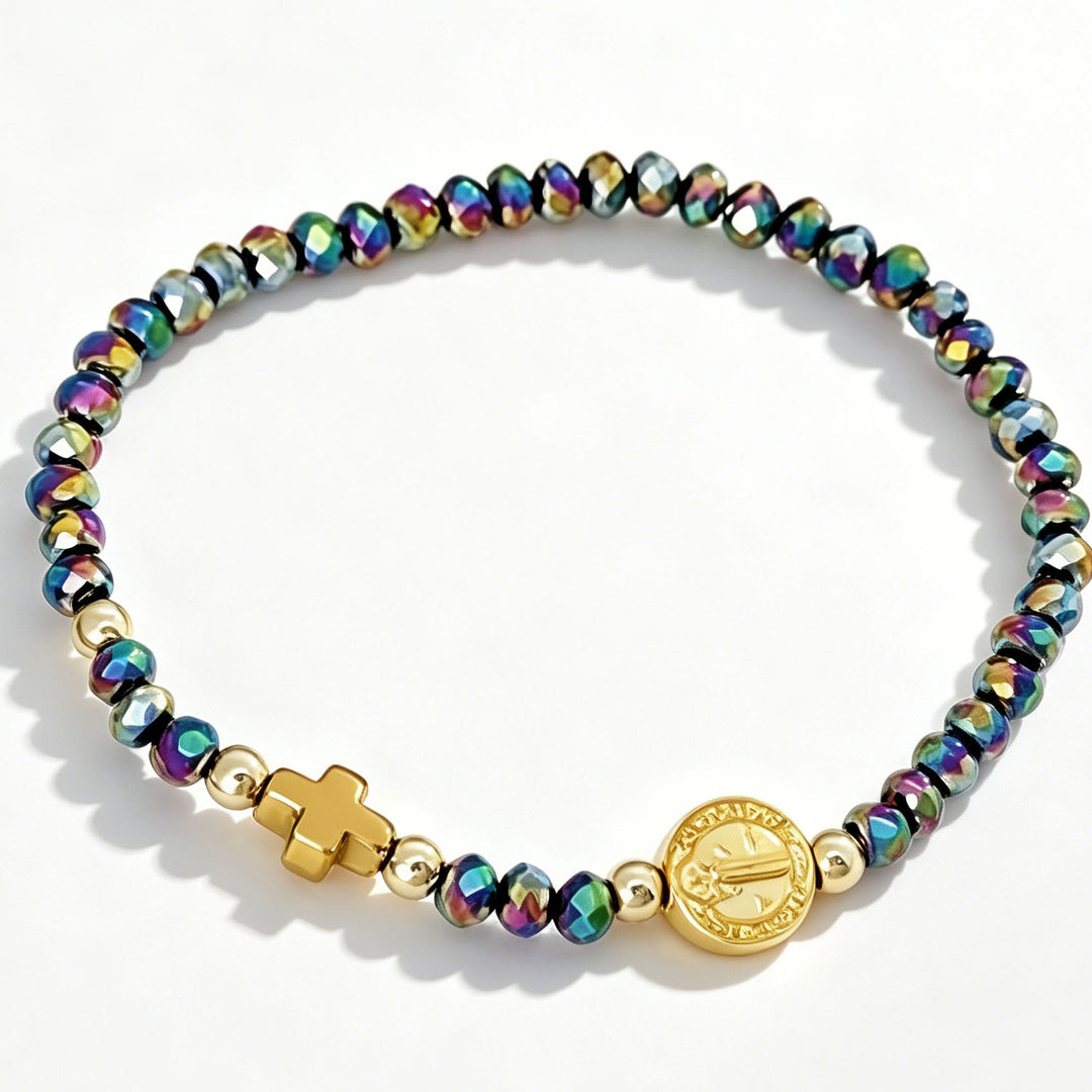 Christianartworkshop Saint Benedict Medal Cross Multi-Tone Bead Stretch Bracelet: Timeless Emblem of Gentle Heavenly Guardianship - Blue Green - image 4