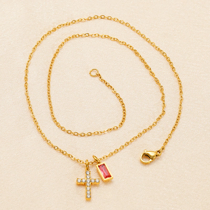 Christianartworkshop Custom Birth Month Rectangular Stone & Sparkle Cross Dual Charm Necklace: Timeless Emblem of Gentle Heavenly Guardianship - image 3