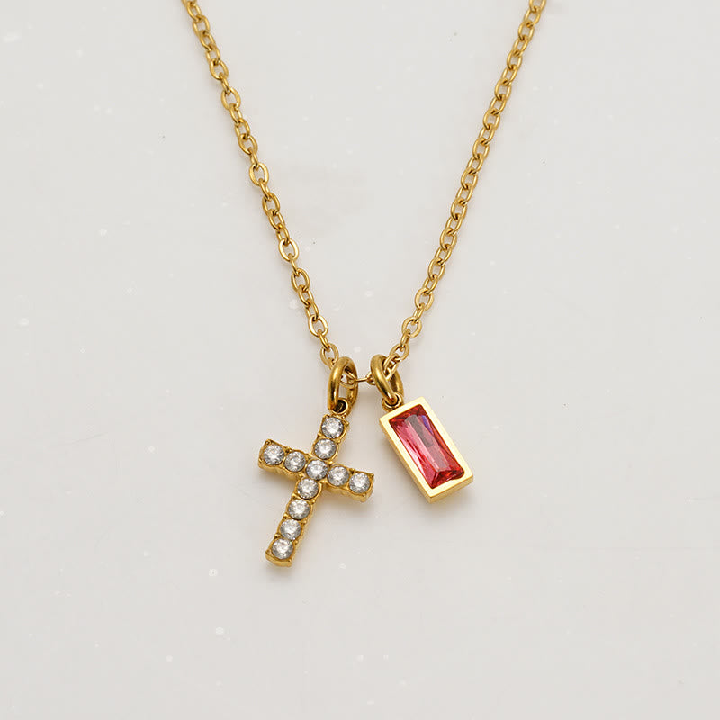 Christianartworkshop Custom Birth Month Rectangular Stone & Sparkle Cross Dual Charm Necklace: Timeless Emblem of Gentle Heavenly Guardianship - July - image 11