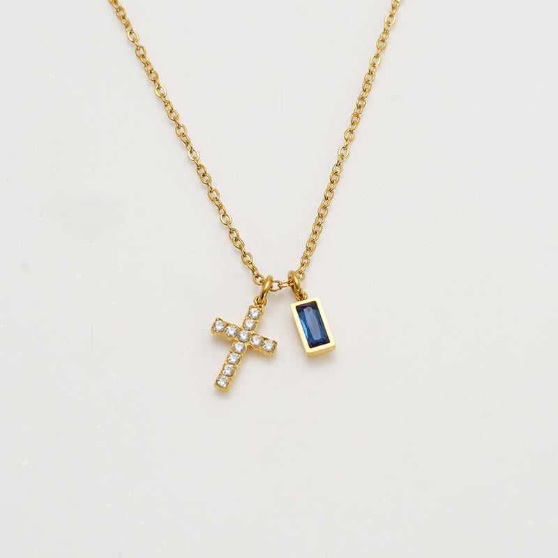 Christianartworkshop Custom Birth Month Rectangular Stone & Sparkle Cross Dual Charm Necklace: Timeless Emblem of Gentle Heavenly Guardianship - September - image 13