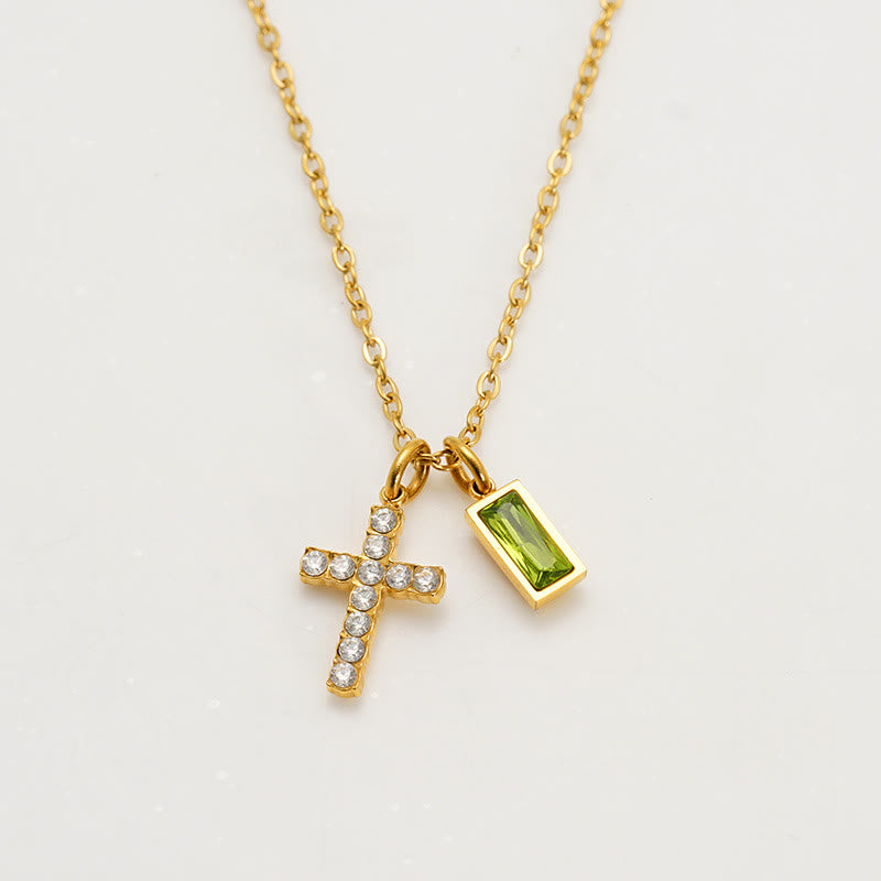Christianartworkshop Custom Birth Month Rectangular Stone & Sparkle Cross Dual Charm Necklace: Timeless Emblem of Gentle Heavenly Guardianship - August - image 12
